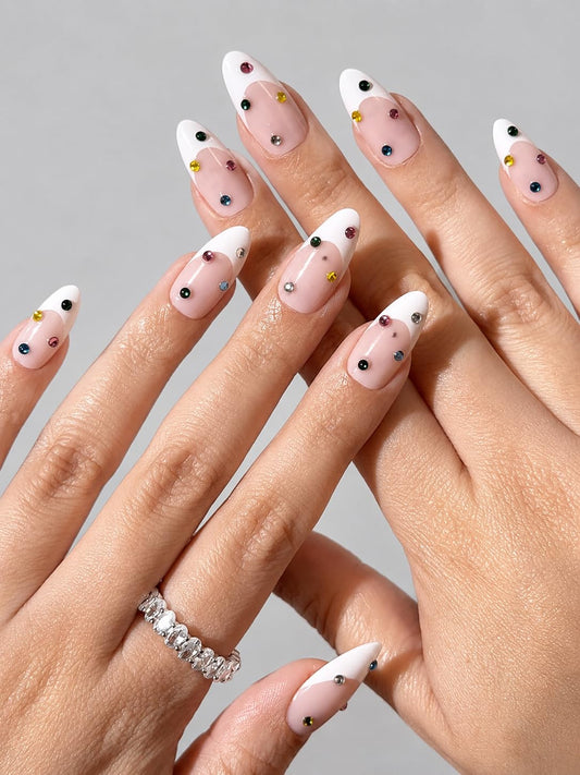PaintLab front packaging showing bejeweled almond nails and included tools for easy application
