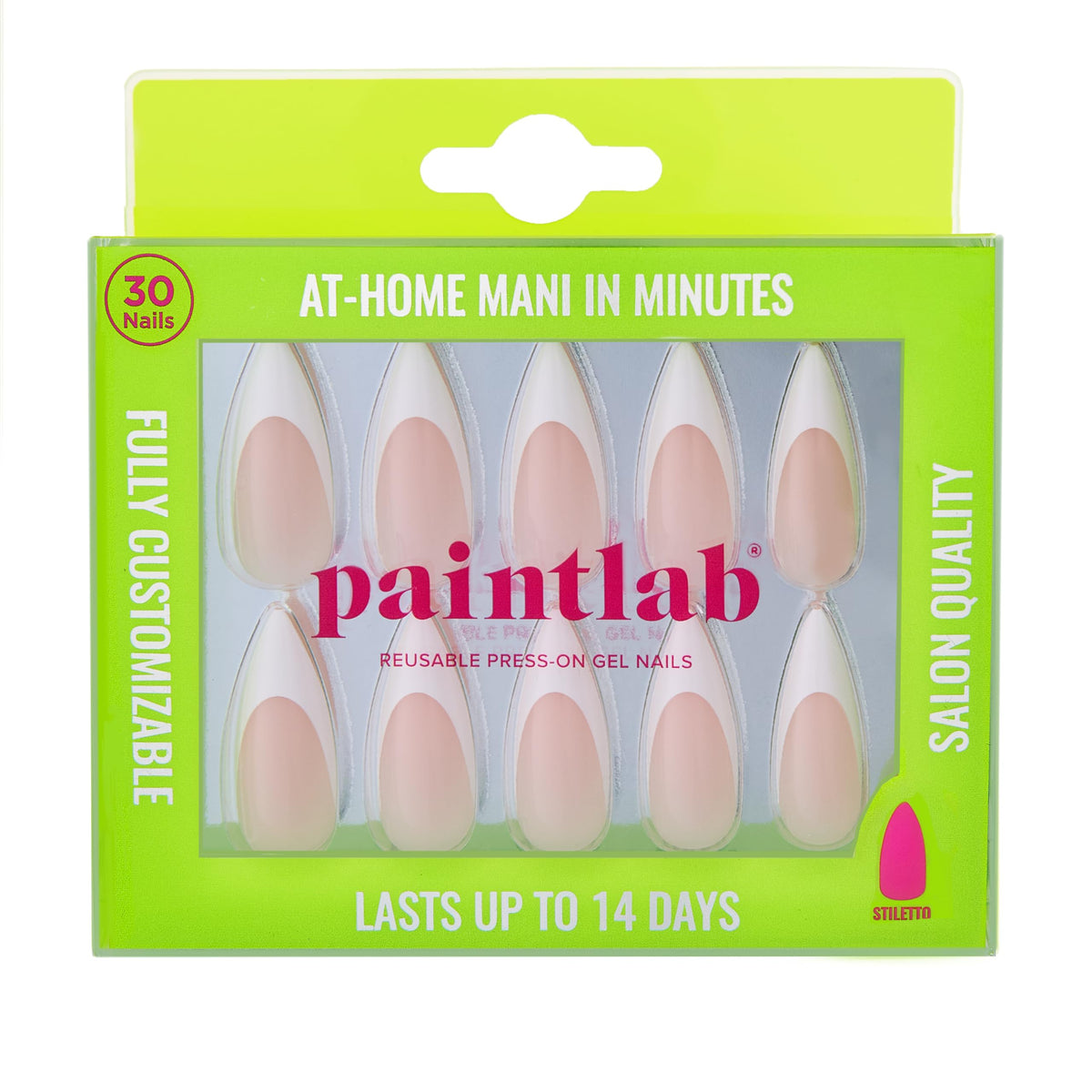 PaintLab front packaging showing white French tip nails and kit contents for easy home use