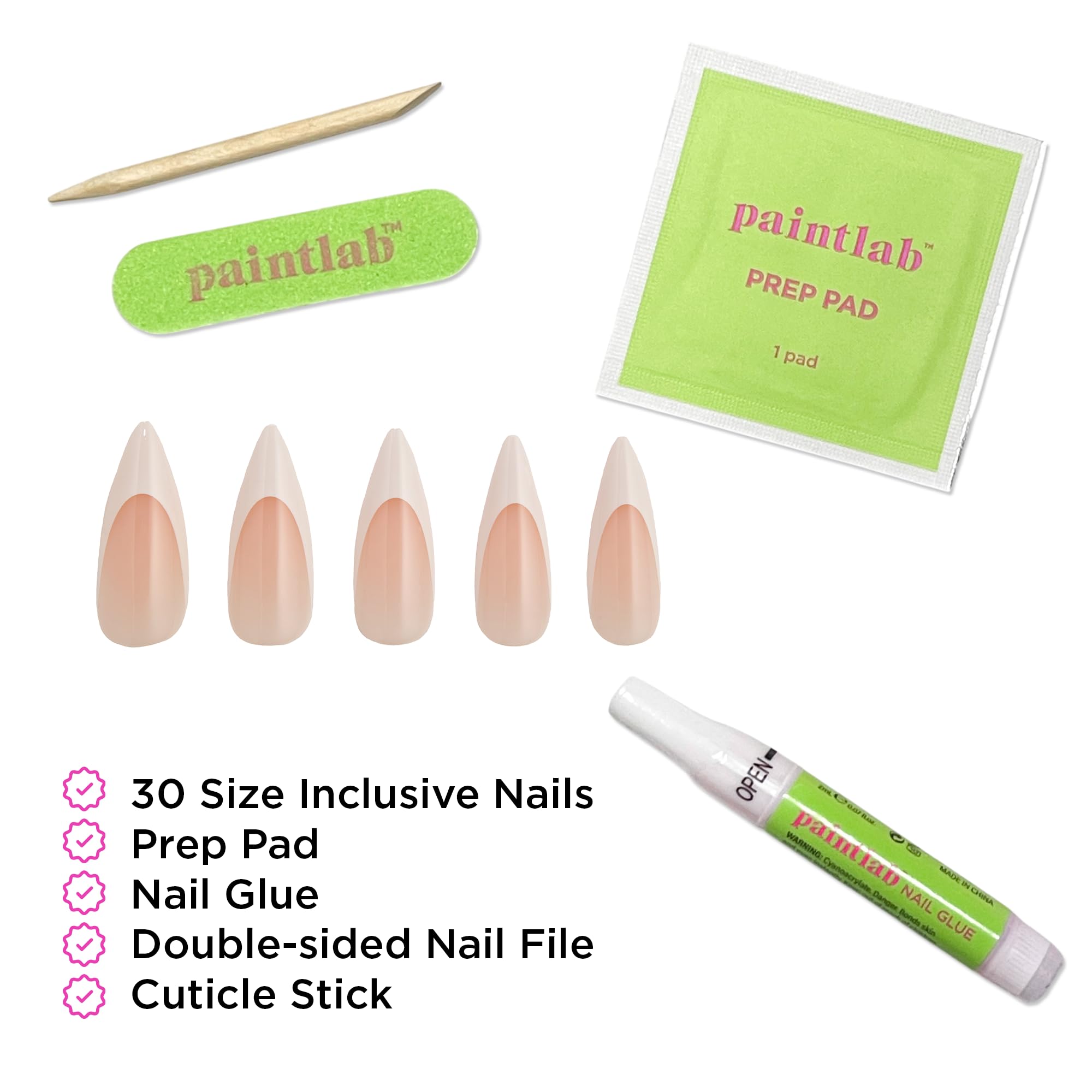 PaintLab full kit laid out with glue, file, and nails for complete at-home manicure convenience