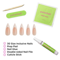 PaintLab full kit laid out with glue, file, and nails for complete at-home manicure convenience