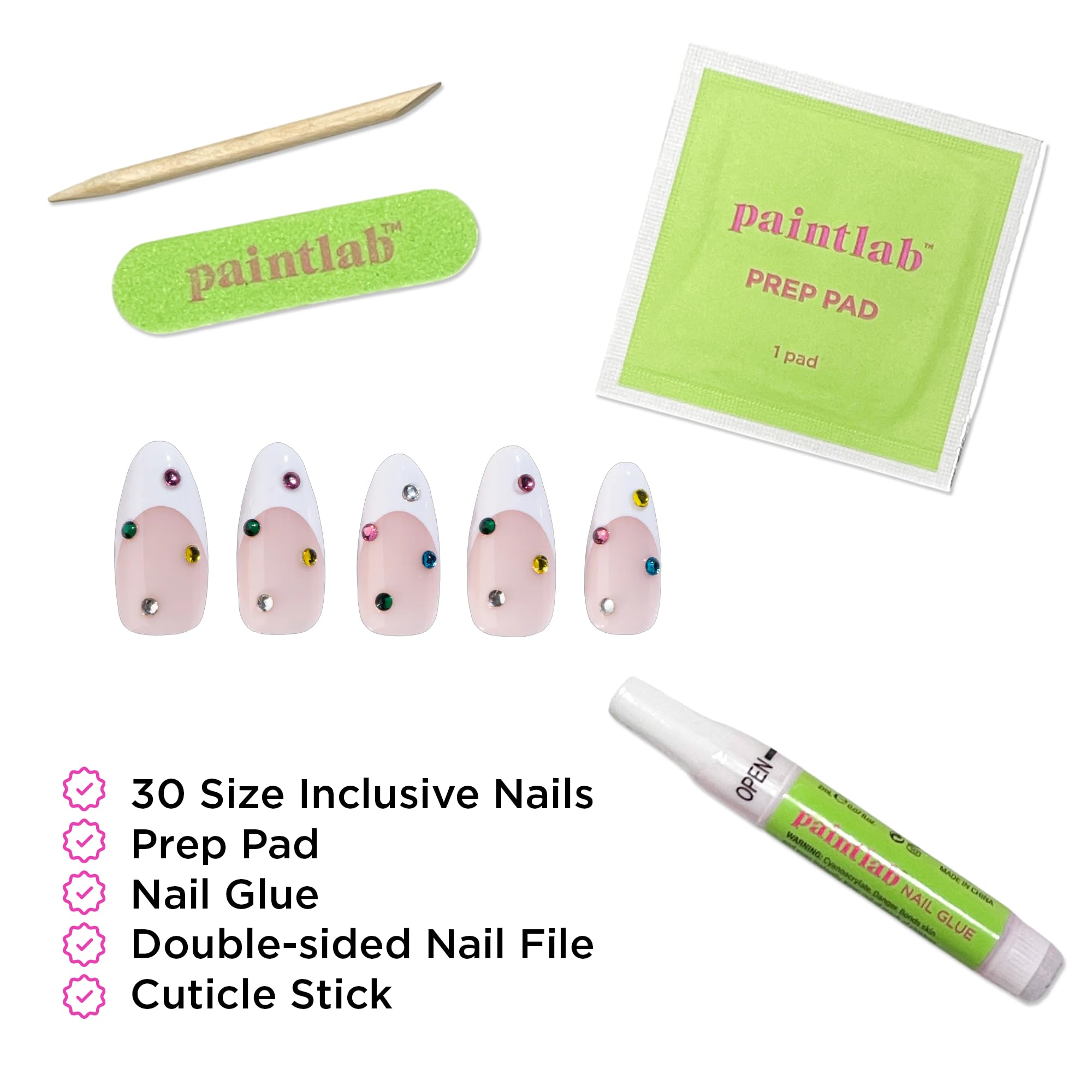 PaintLab nails held in hand for size comparison showing 15 sizes and fit guidance