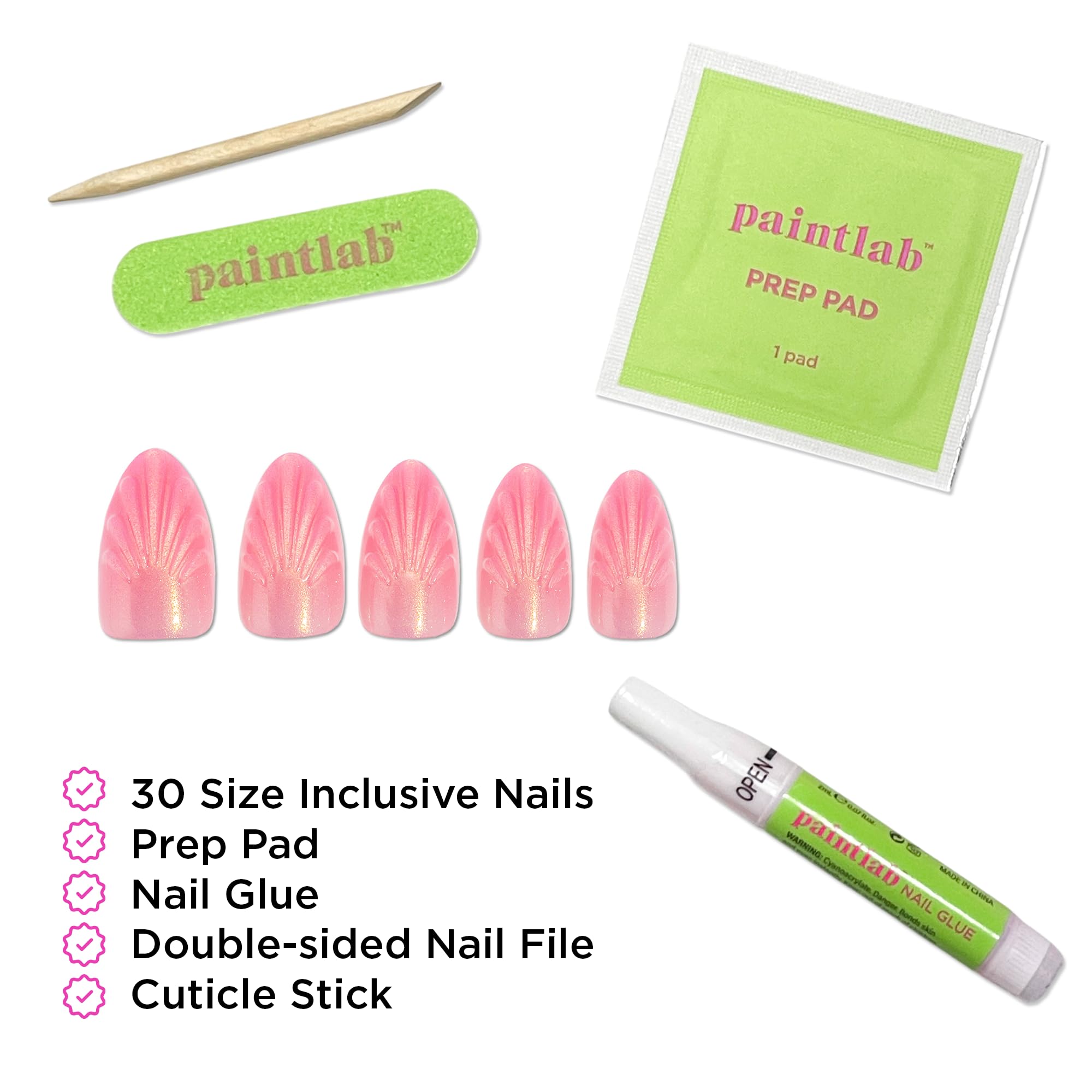 PaintLab glue, prep pad, file, cuticle stick included for easy application
