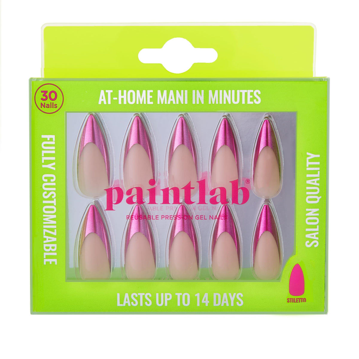 PaintLab front packaging showing chrome pink stiletto nails and included tools for easy at-home use