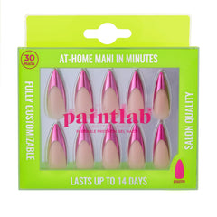 PaintLab front packaging showing chrome pink stiletto nails and included tools for easy at-home use