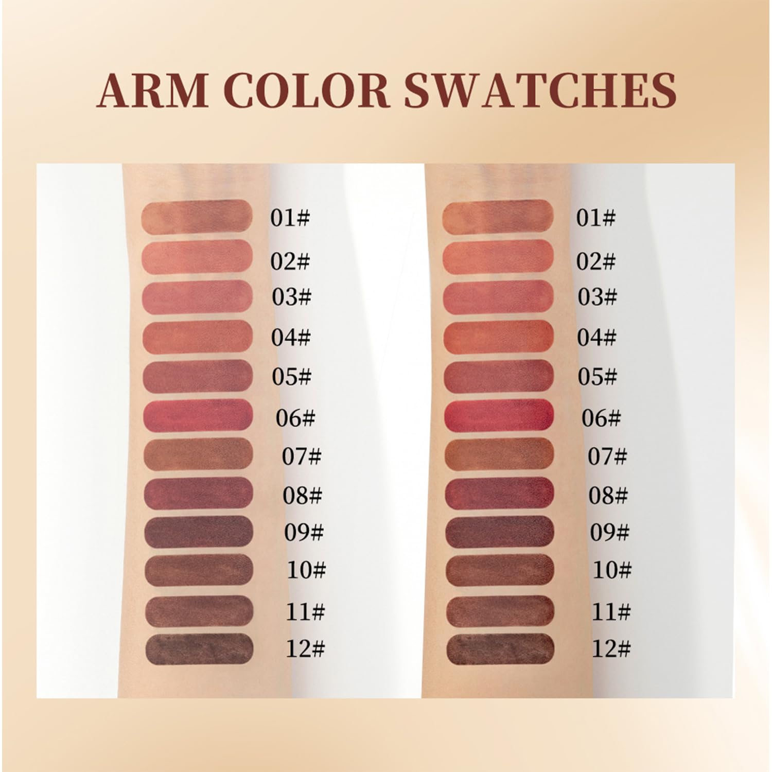 Pakivs swatches on arm displaying twelve shades for quick color selection benefit
