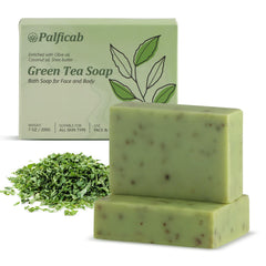 PALFICAB front view of two green tea soap bars showing packaging and natural look, nourishing clean