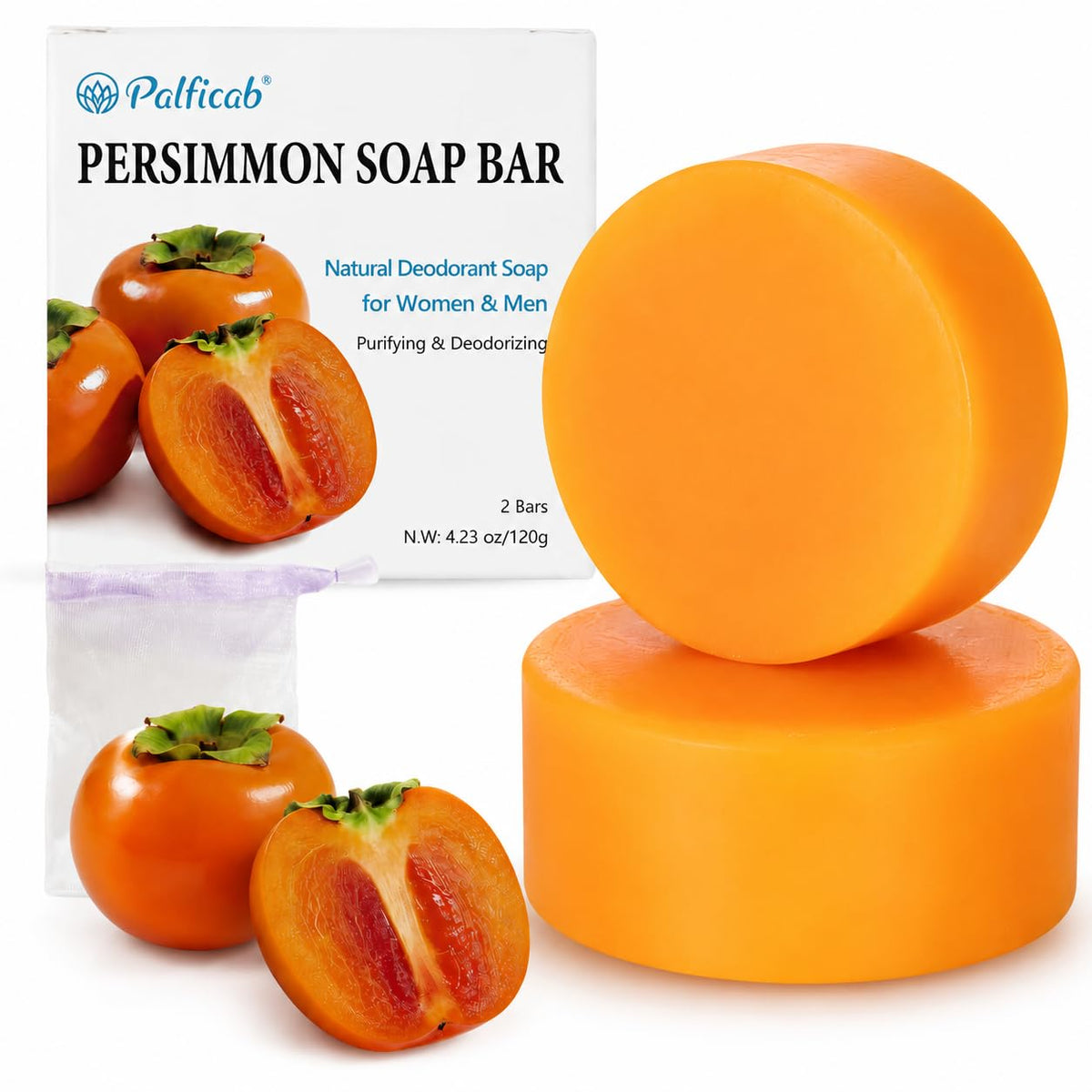 PALFICAB front packaging showing two persimmon soap bars and benefits