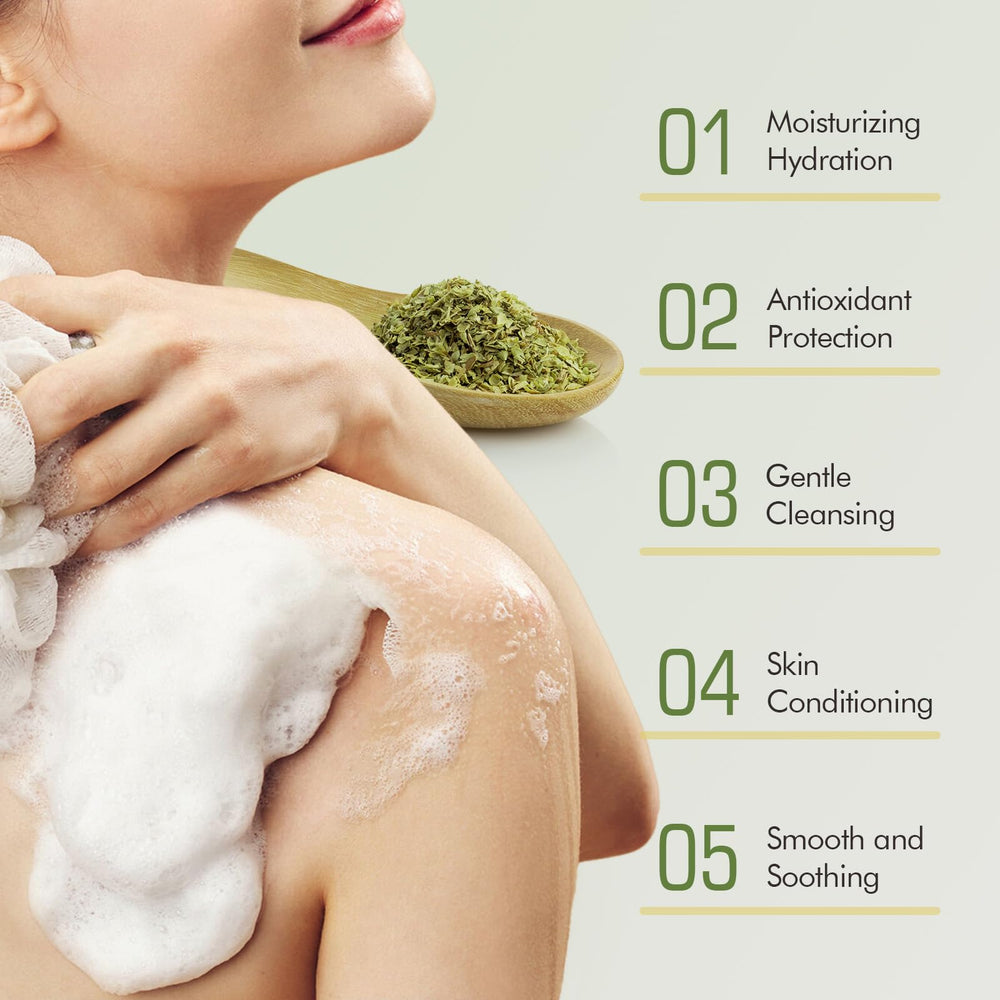 PALFICAB close-up of green tea leaf fragments on soap bar highlighting exfoliation benefit