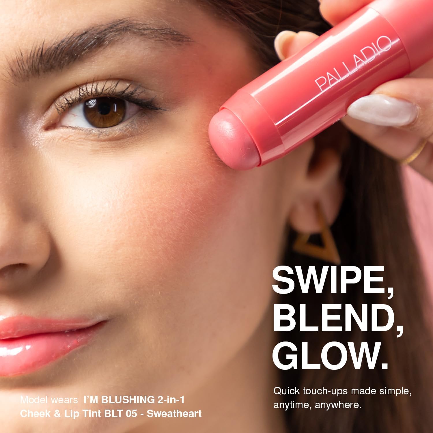 Palladio applying tint to lips showing dewy color and comfortable wear