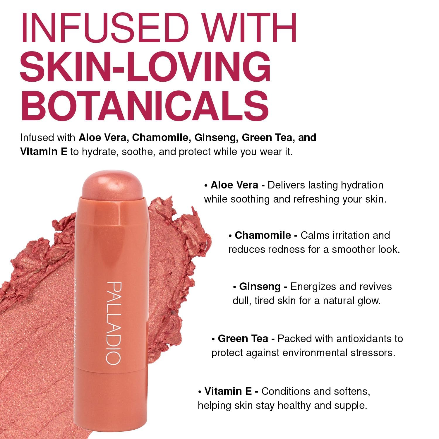 Palladio application on cheek demonstrating dewy, buildable color