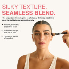 Blush brush picking up Palladio product for even, blendable application