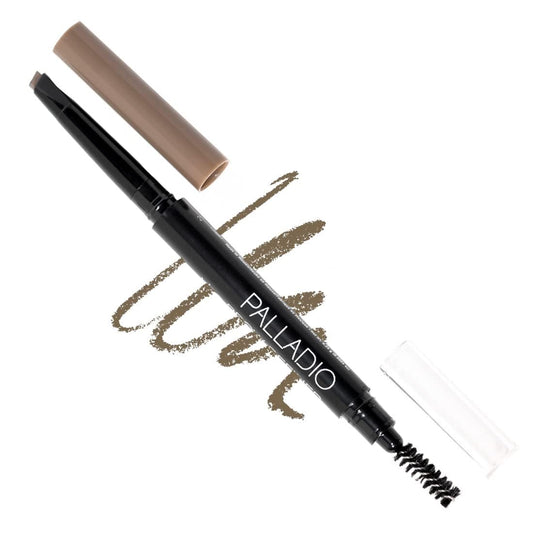 Palladio front packaging showing Taupe pencil and spoolie for precise shaping