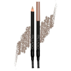 Palladio brow pencil front view showing slim dual-ended design and taupe shade benefit