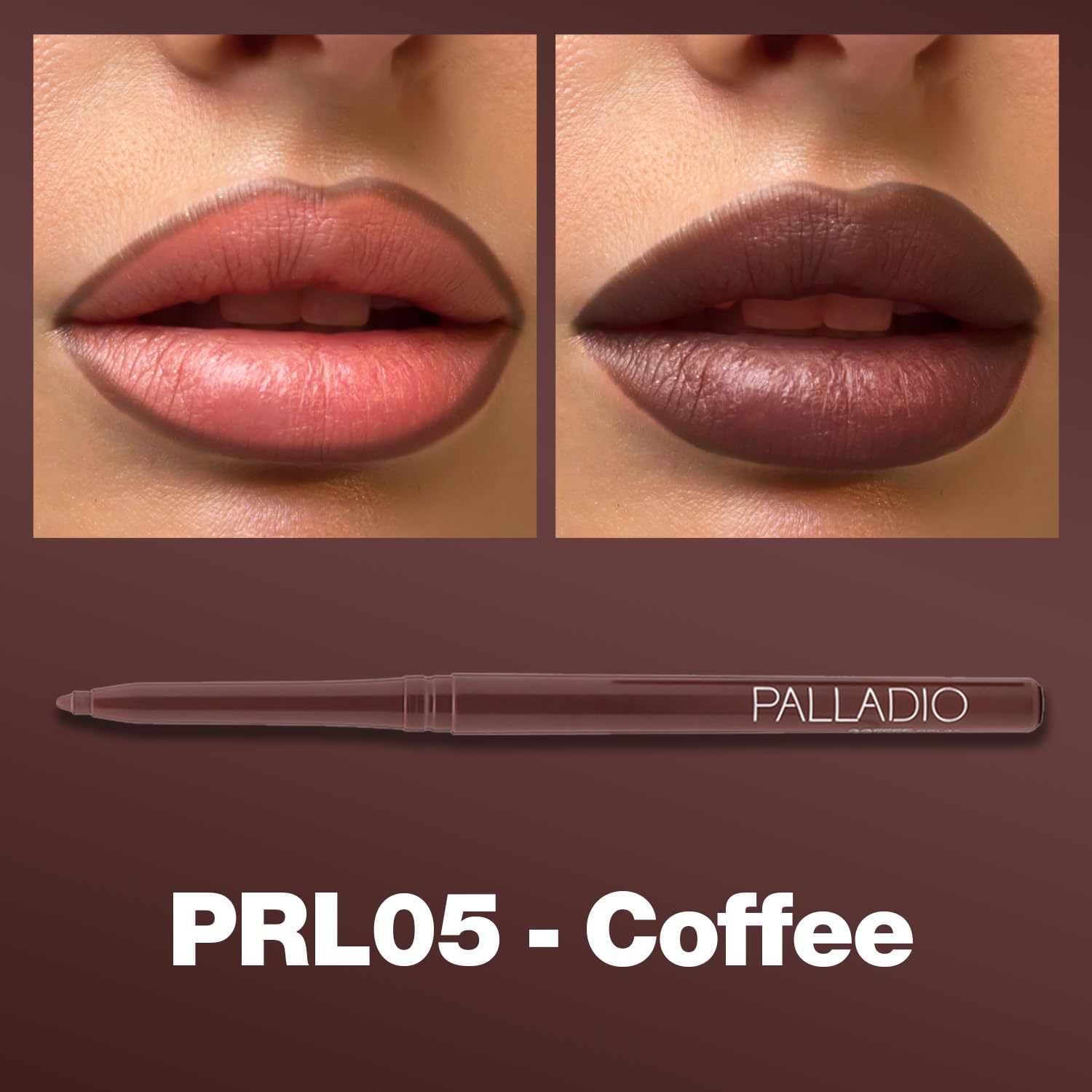 Palladio coffee lip liner twist-up tip detail highlighting creamy, precise application