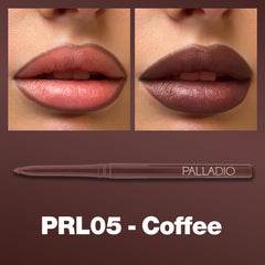 Palladio coffee lip liner twist-up tip detail highlighting creamy, precise application