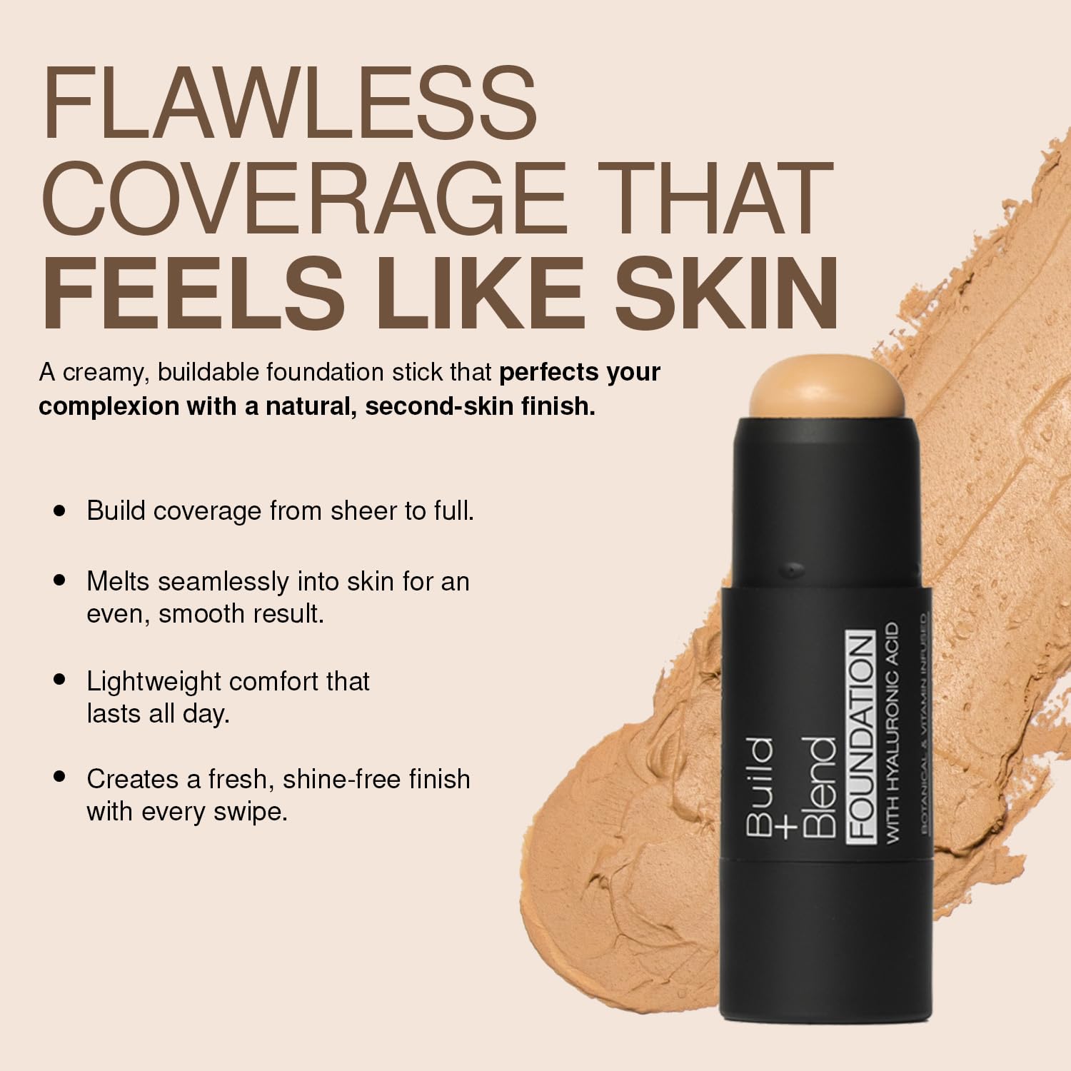 Palladio foundation stick applying to cheek showing natural, seamless finish