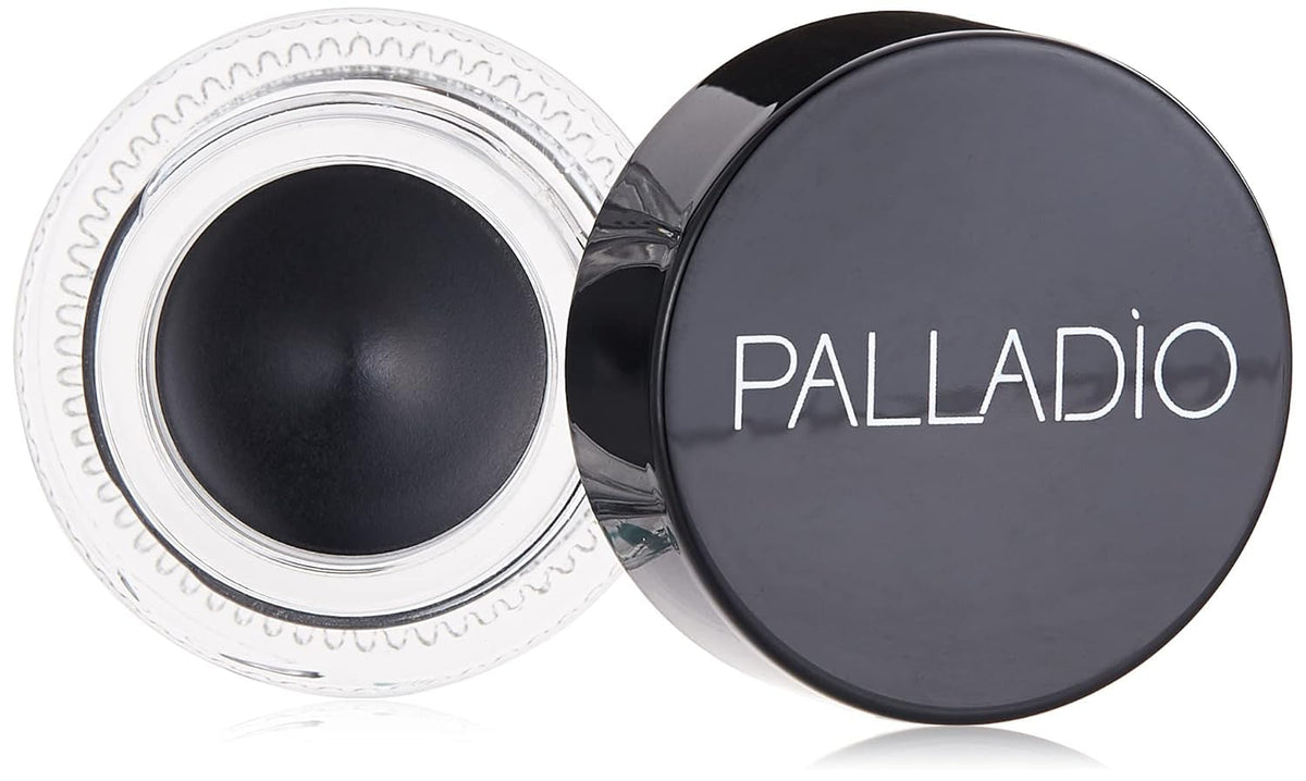 Palladio gel eyeliner front view showing compact pot and bold black color benefit long-wear