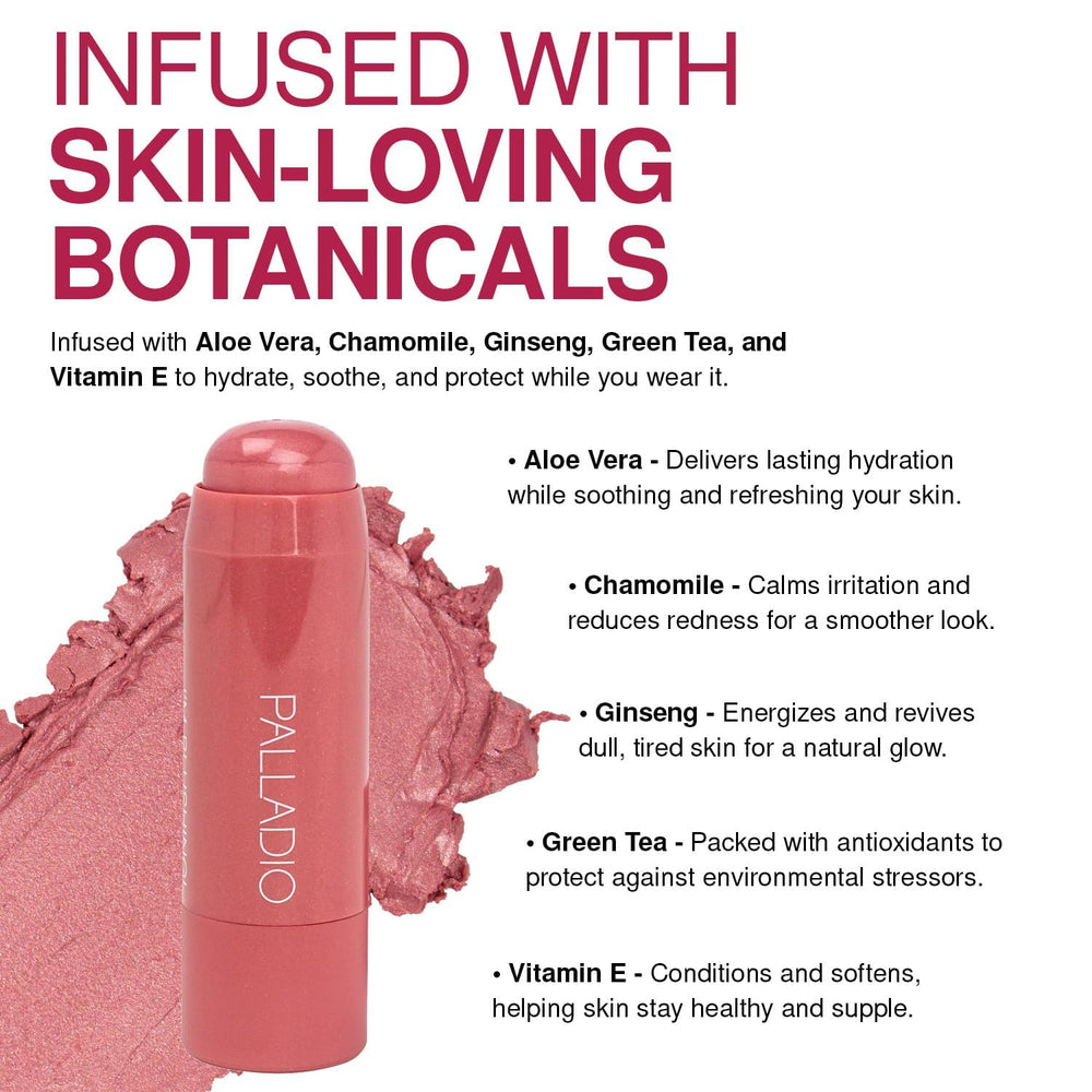 Palladio I'm Blushing applied to apples of cheeks demonstrating natural flush benefit