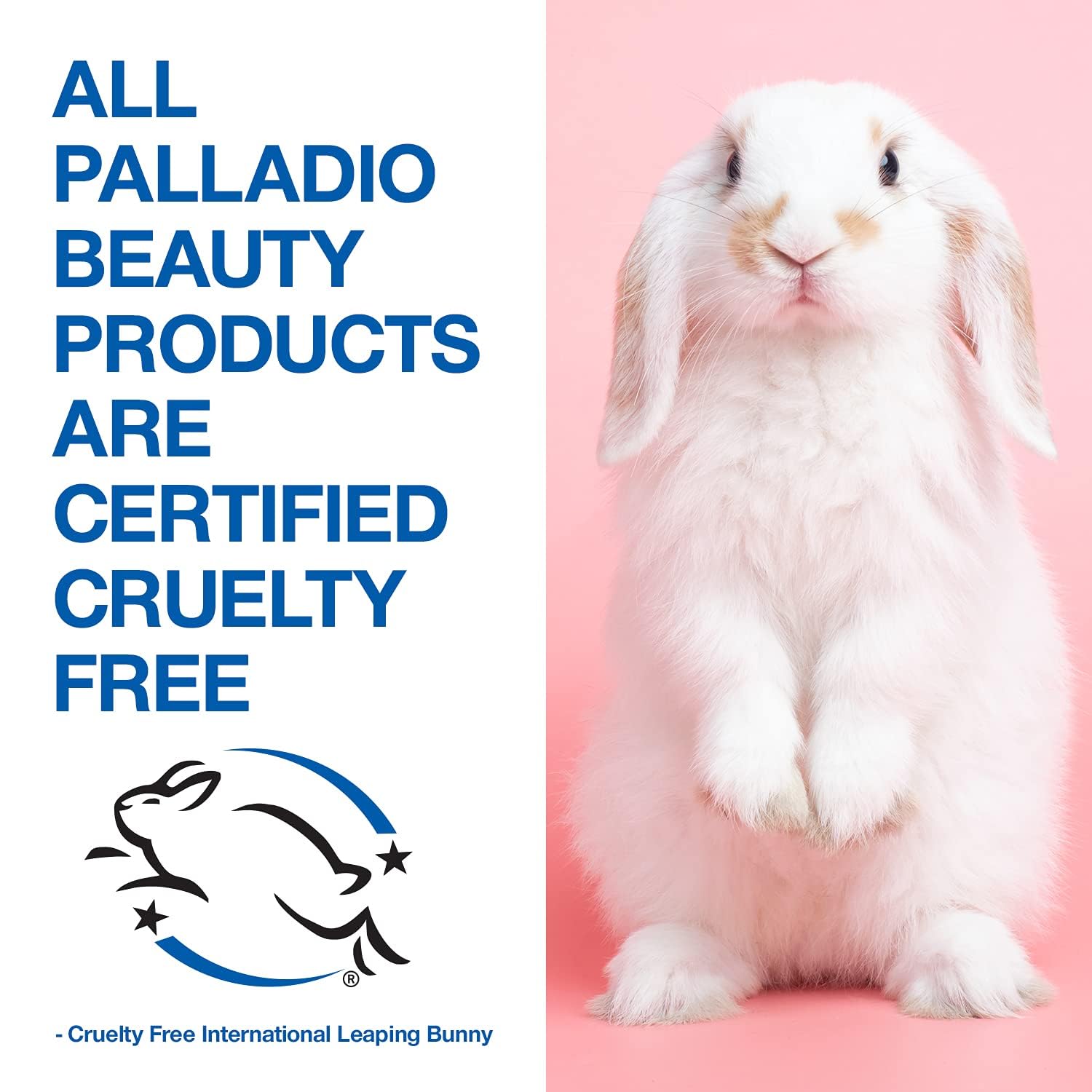 Palladio label certifications and ingredients panel showing vitamins and clean-beauty claims