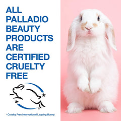 Palladio label certifications and ingredients panel showing vitamins and clean-beauty claims