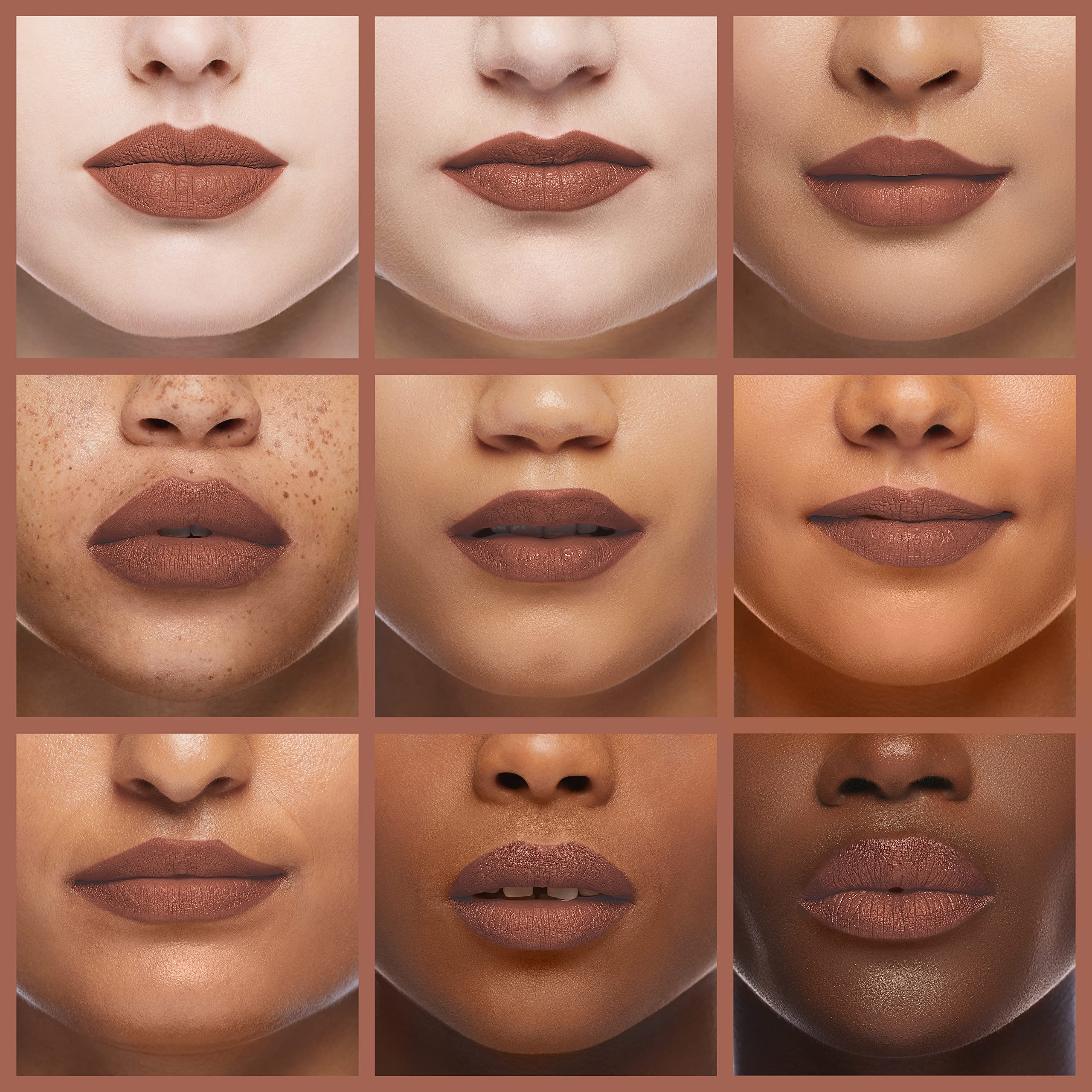 Palladio applied on lips demonstrating Mocha Cream natural matte finish