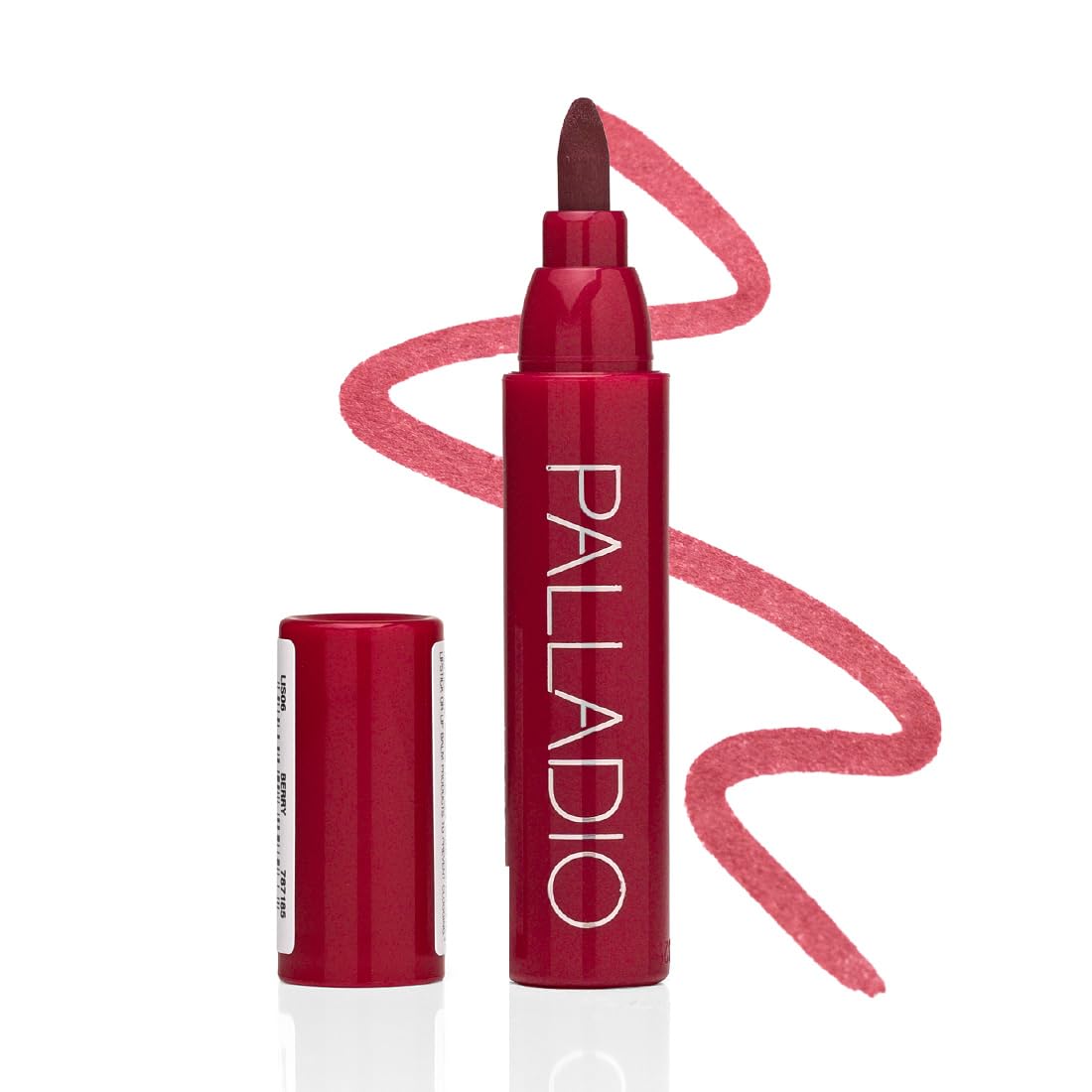 Palladio front view of berry lip stain showcasing packaging and bold color benefit
