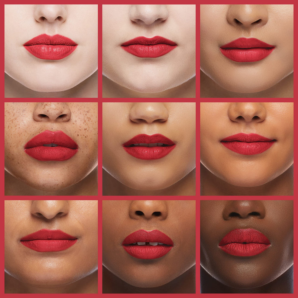 Palladio model wearing berry stain showing longwear matte color benefit
