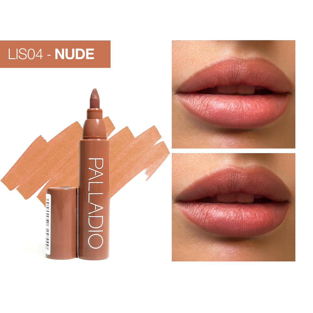 Palladio swiped on lips to show nude color payoff and natural look