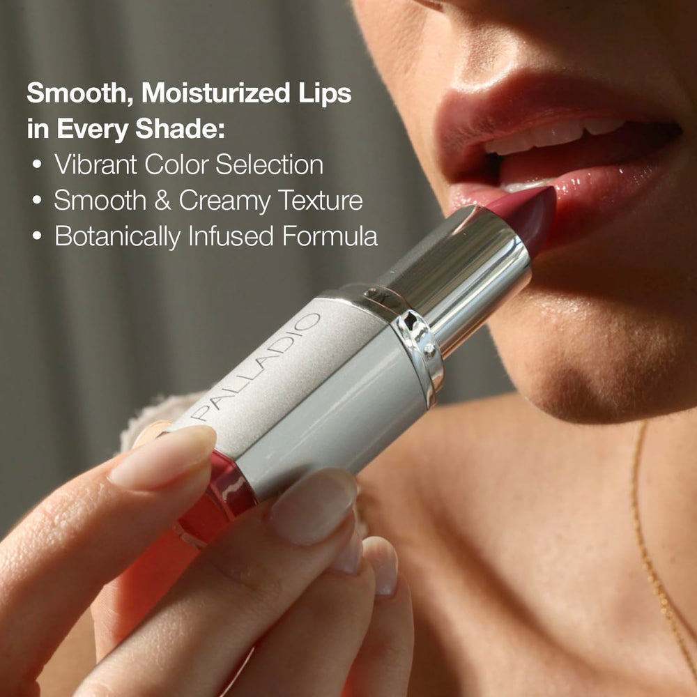 Palladio lipstick held in hand for scale showing compact size and travel-friendly benefit