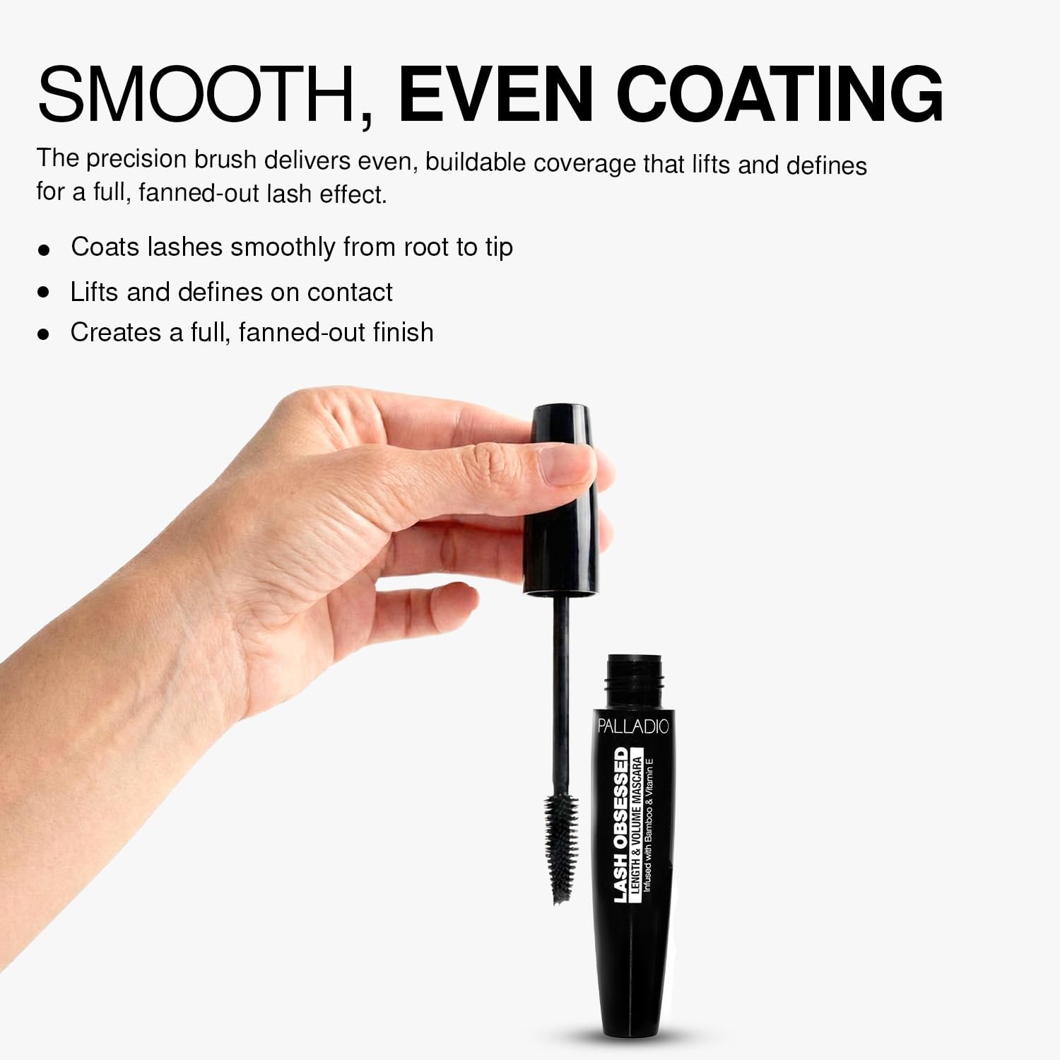 Palladio mascara texture swiped on skin showing smooth, clump‑free finish