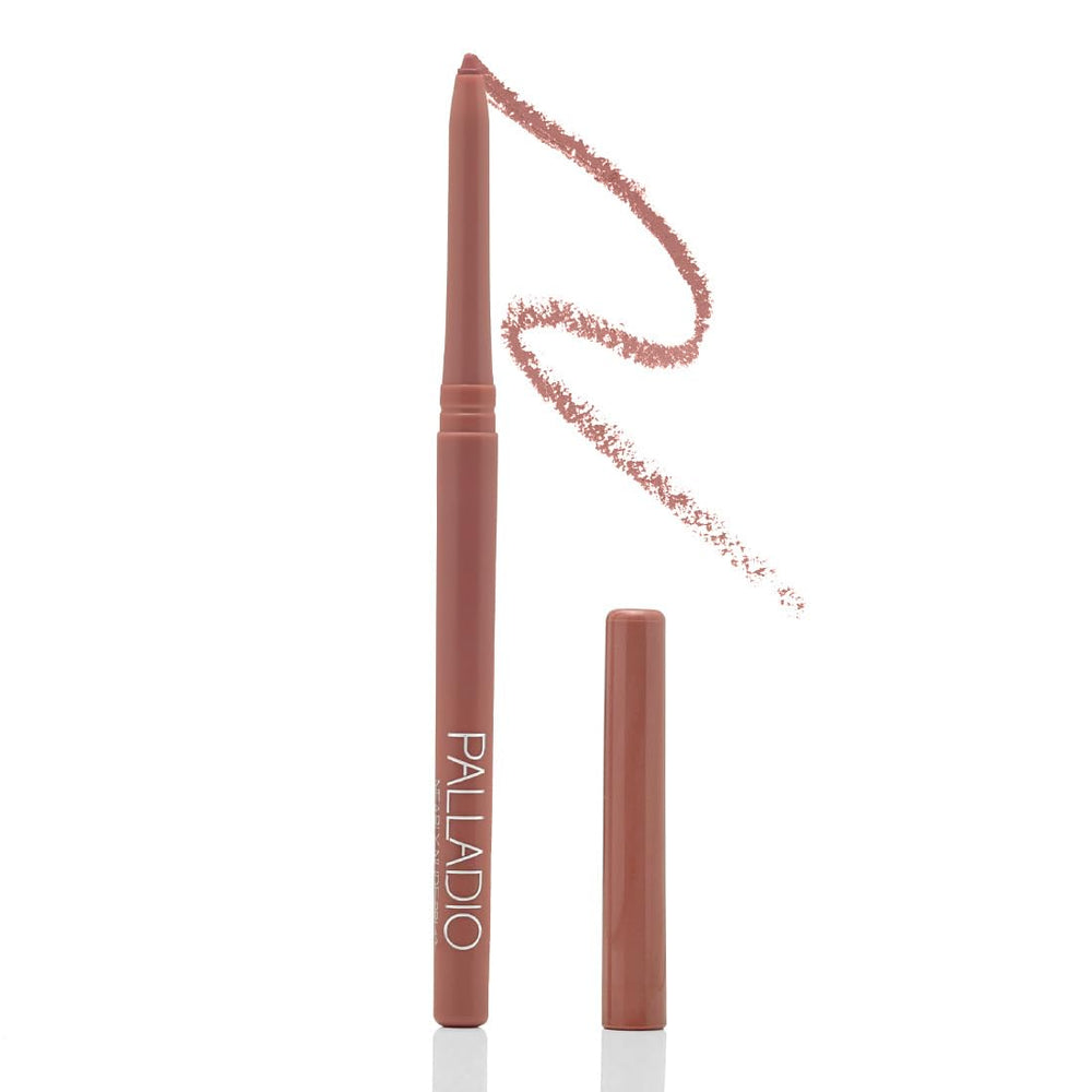 Palladio front packaging showing Nearly Nude shade and sleek tube benefit portable precision