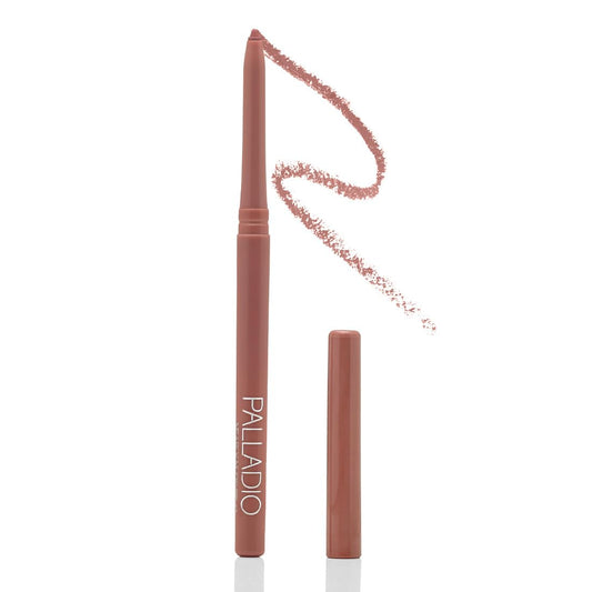 Palladio front packaging showing Nearly Nude shade and sleek tube benefit portable precision
