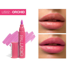 Palladio swatch on arm showing true orchid color payoff and water resistance