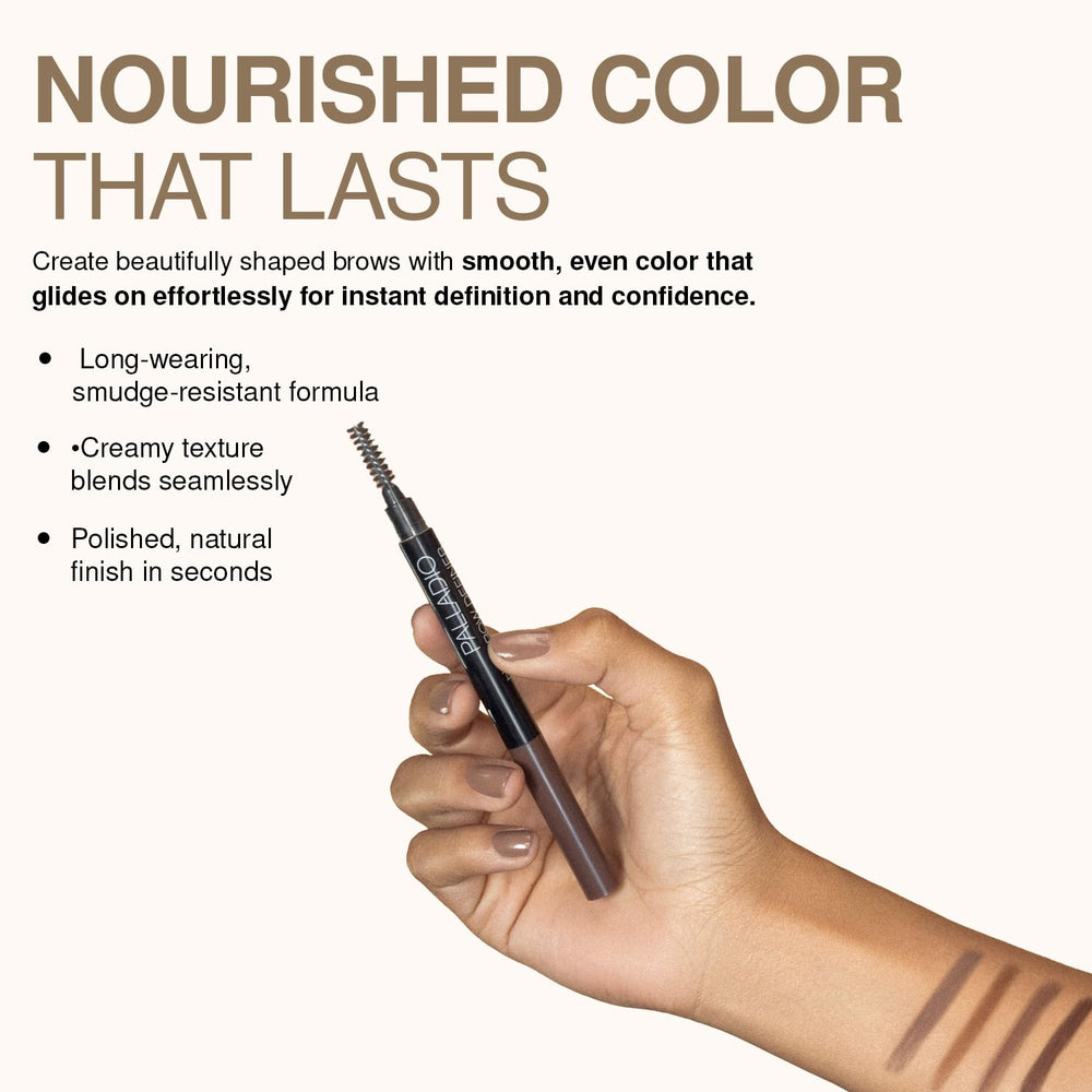 Palladio pencil application on hand swatch demonstrates buildable medium brown color payoff