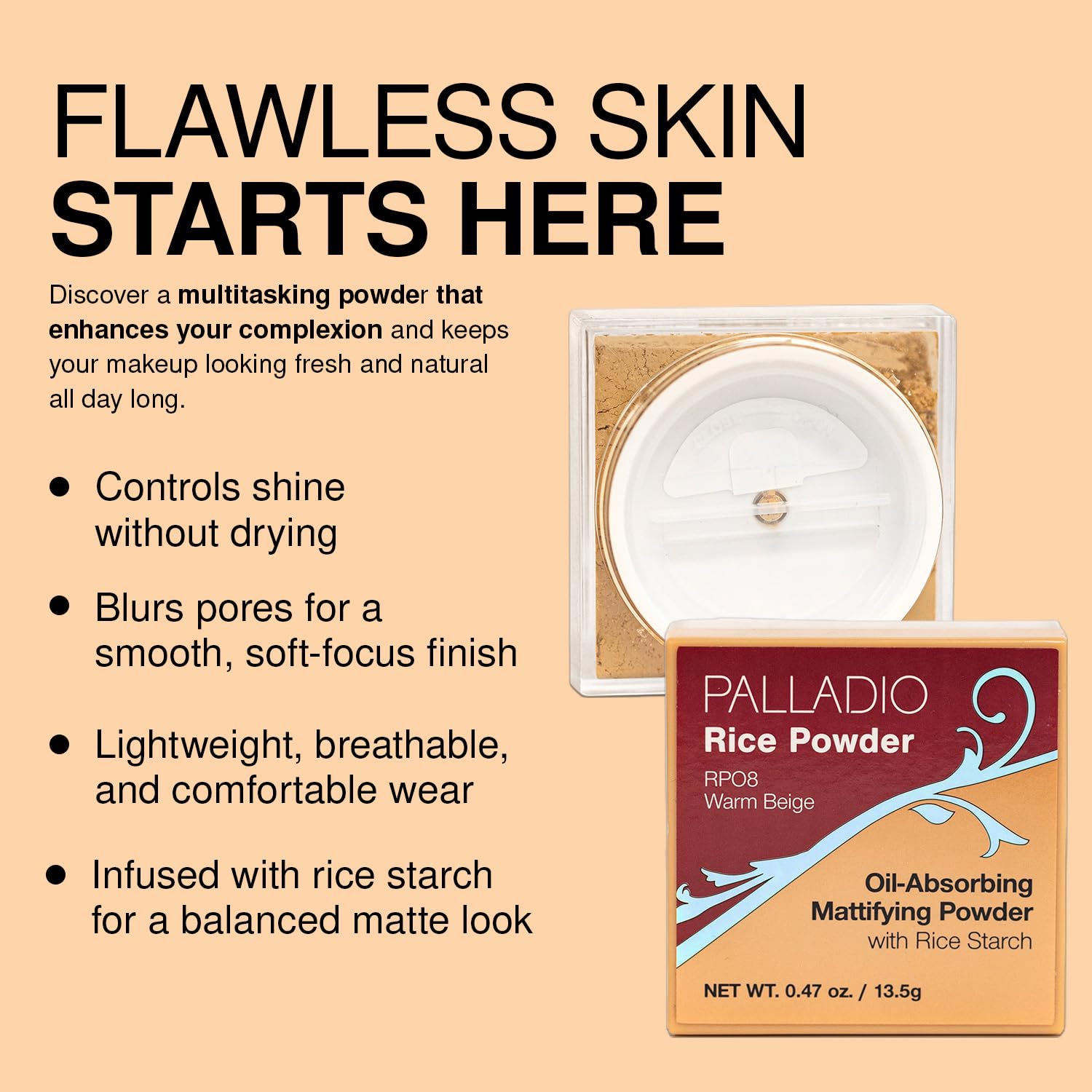 Palladio powder puff held in hand illustrating convenient touch-up use