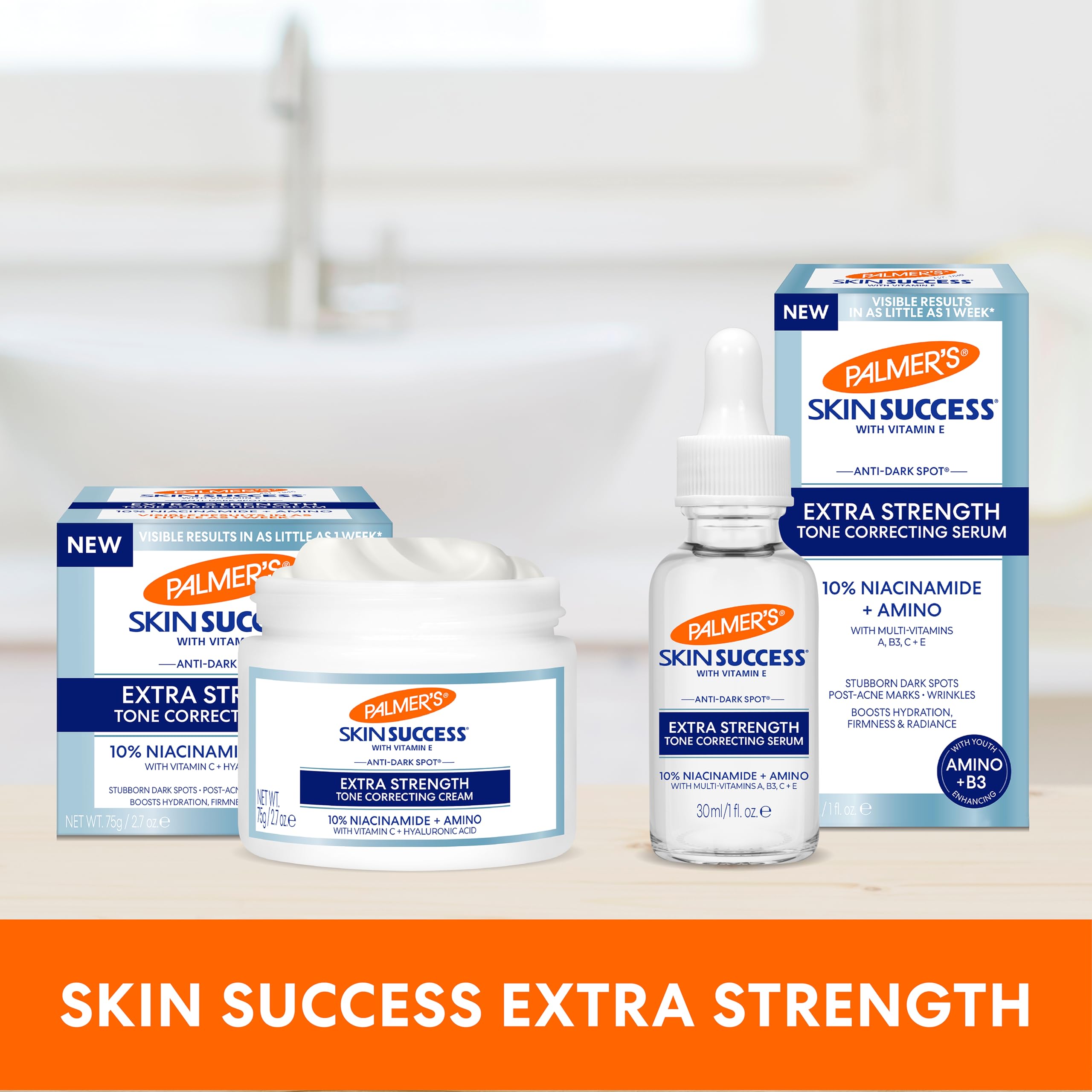 Palmer's on bathroom vanity suggesting daily routine and glow