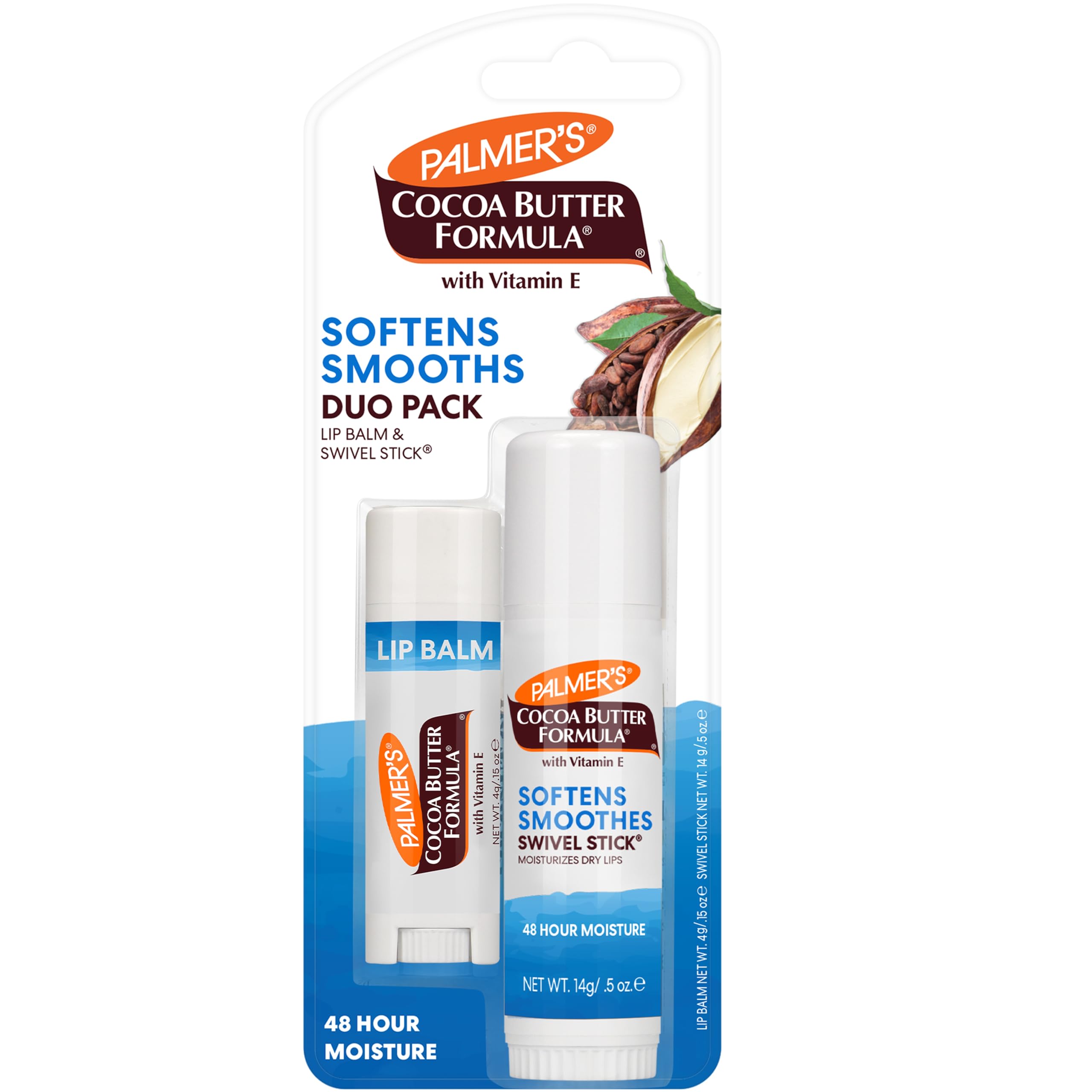 Palmer's duo pack front view showing lip balm and swivel stick for daily hydration