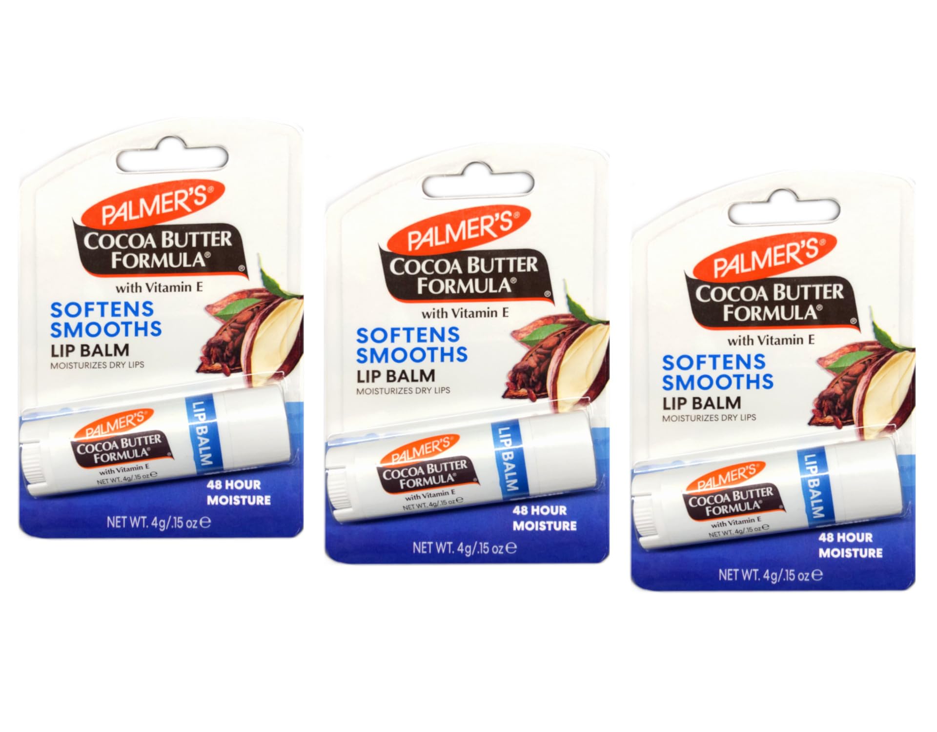 Palmer's lip balm front packaging showing three tubes and benefits