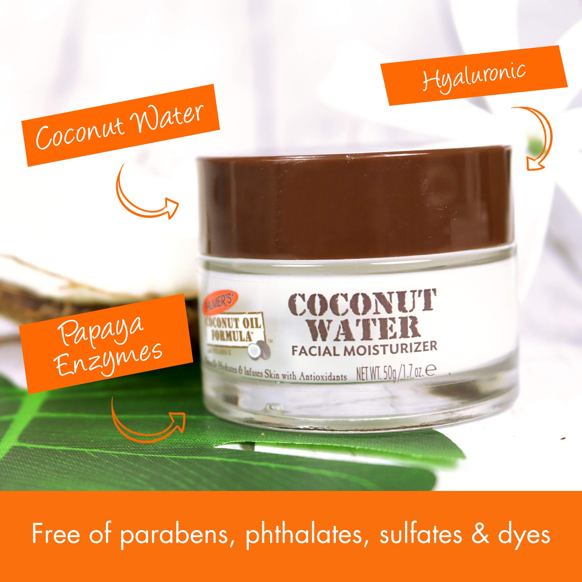 Palmer's ingredient label highlighting coconut water and hyaluronic acid benefits
