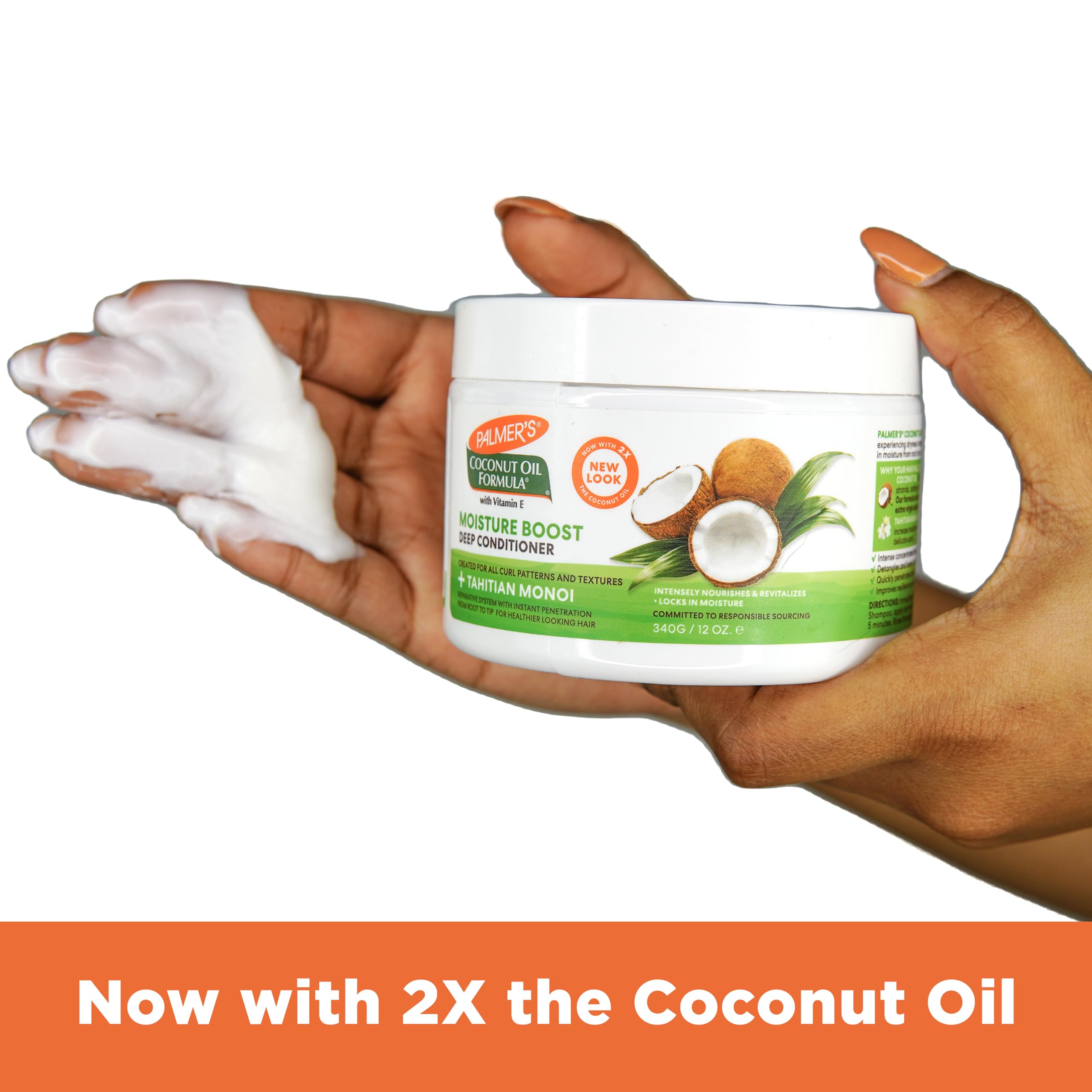 Palmer's conditioner poured into hand to show smooth, nourishing formula