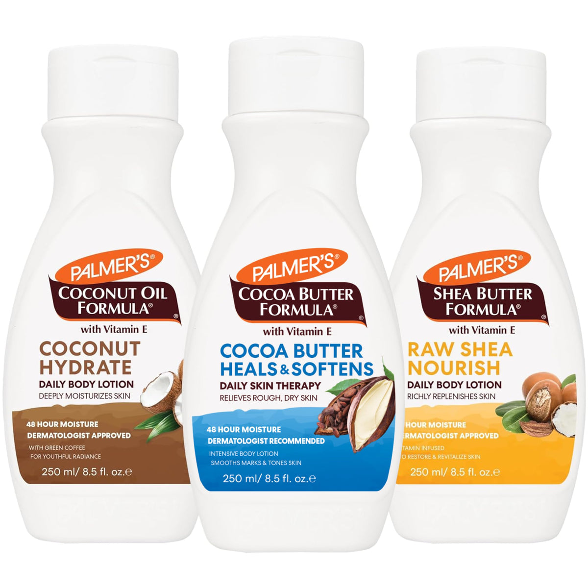 Palmer's front packaging showing three flip-cap bottles for effortless selection