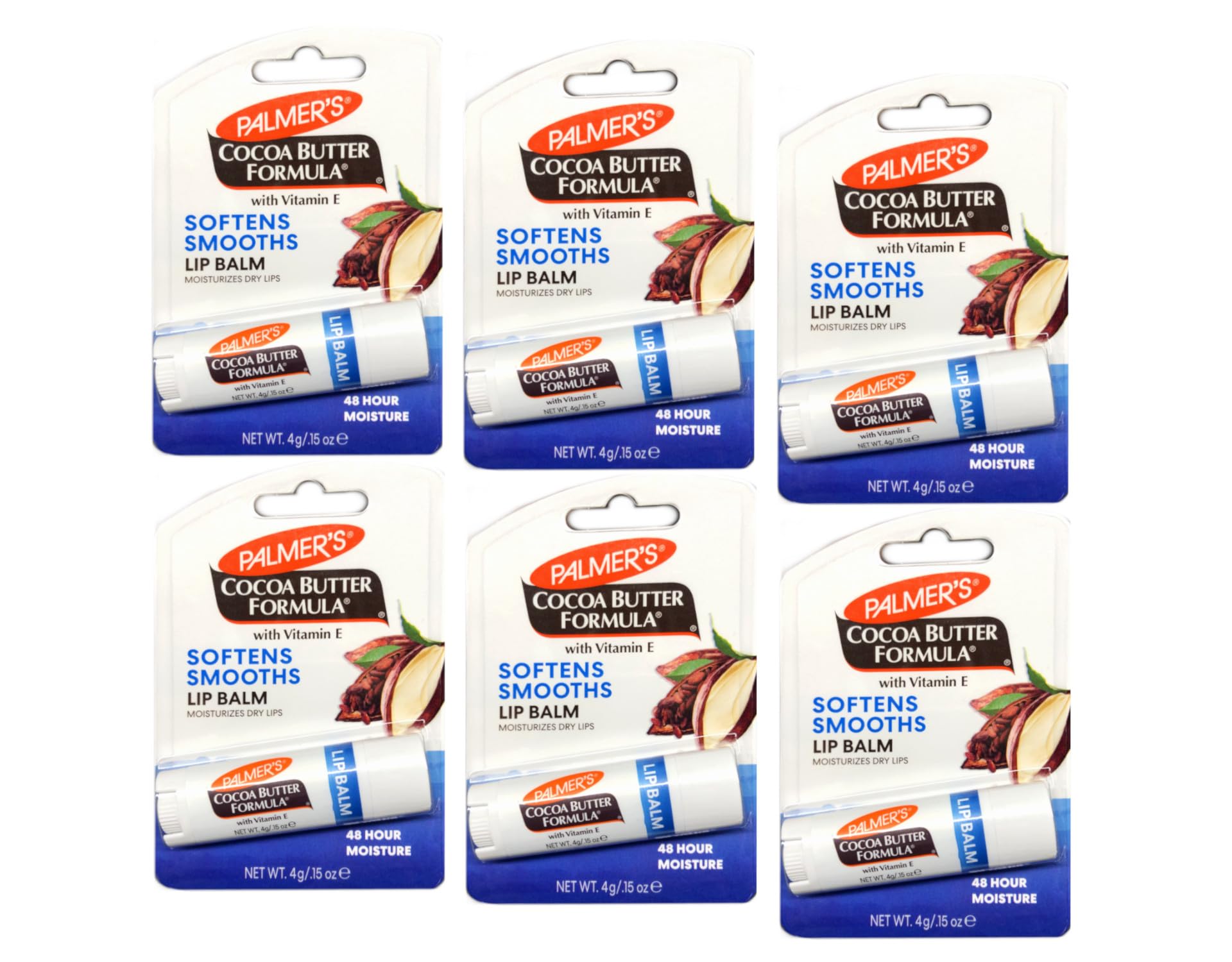 Palmer's lip balm front packaging showing six sticks and brand for dependable hydration