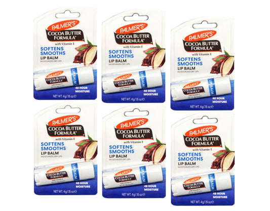 Palmer's lip balm front packaging showing six sticks and brand for dependable hydration
