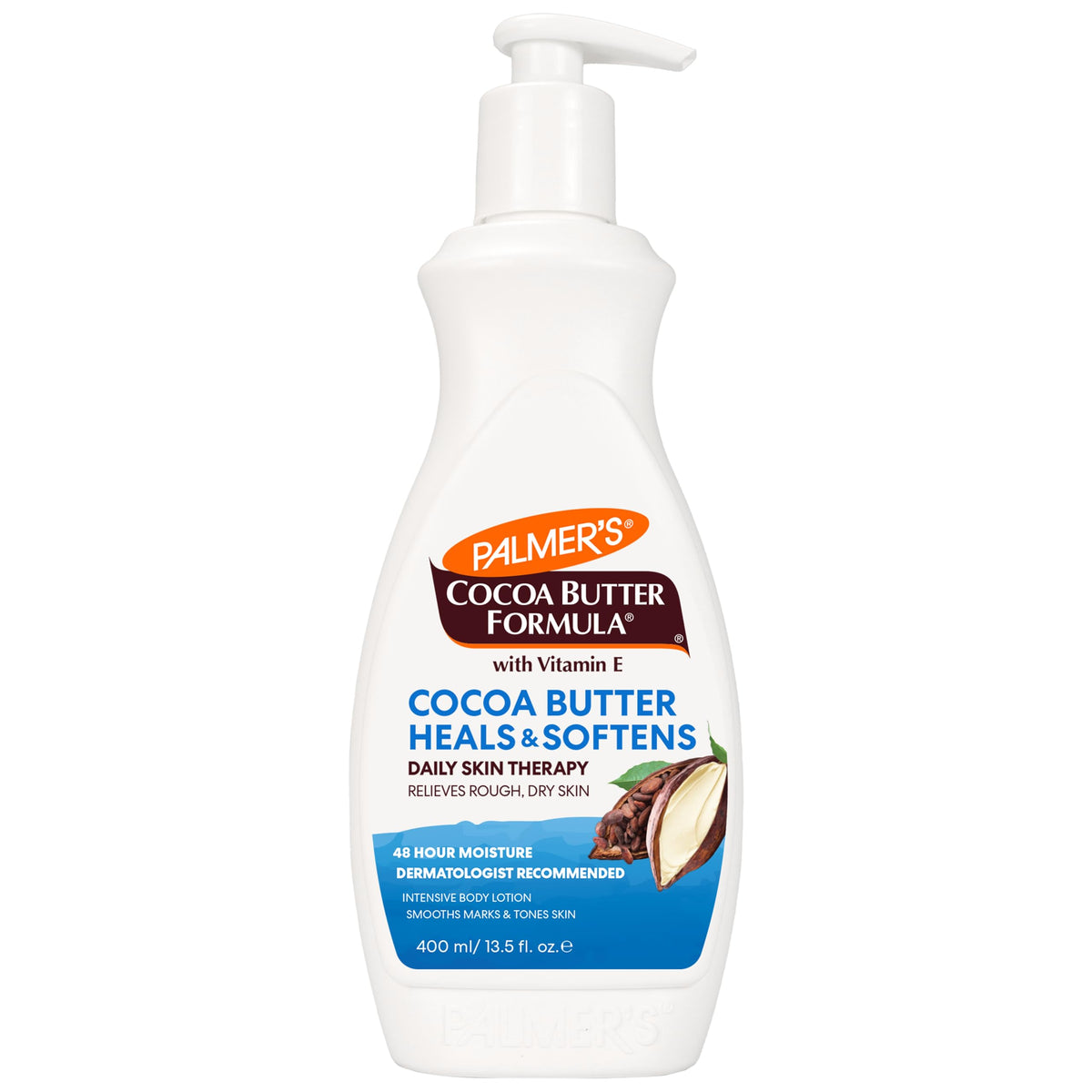 Palmer's pump bottle front view showing usable design and easy dispensing benefit