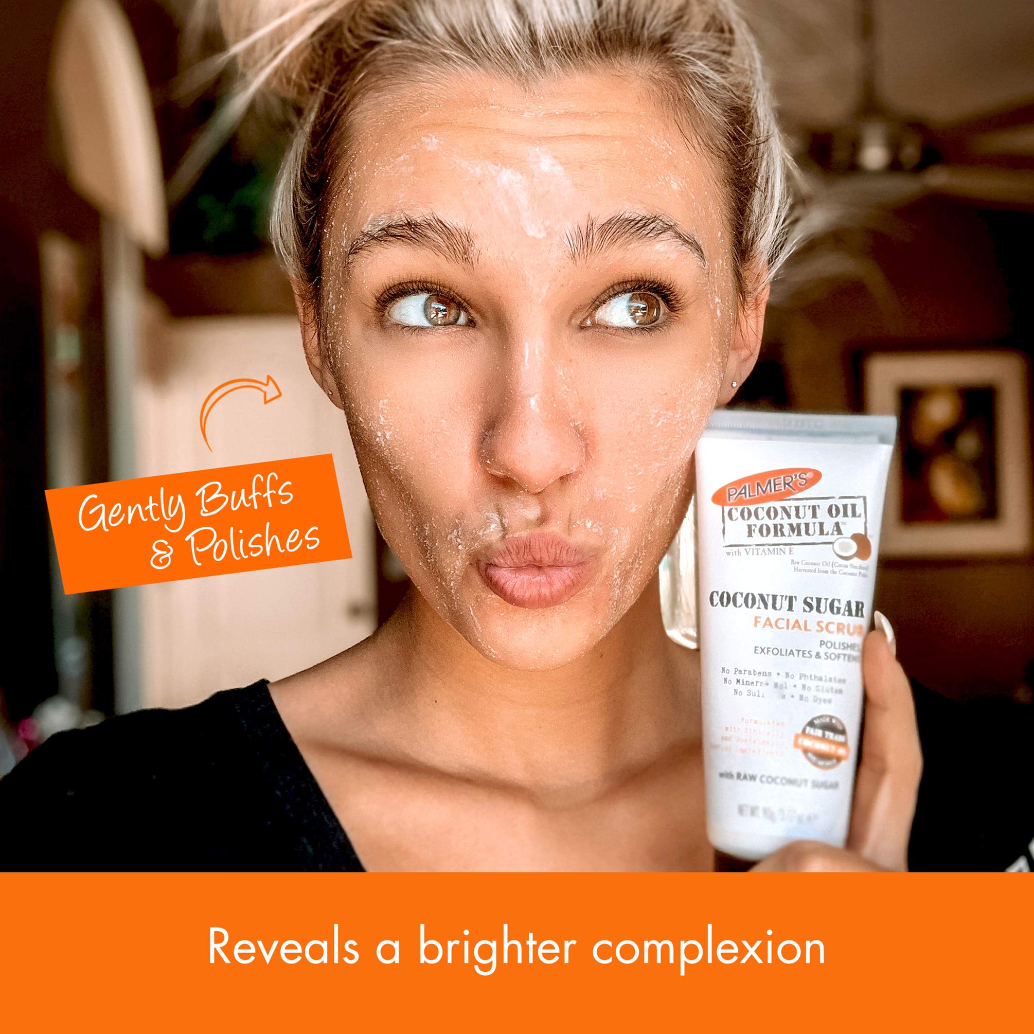 Palmer's close-up of coconut sugar granules in creamy scrub for gentle exfoliation