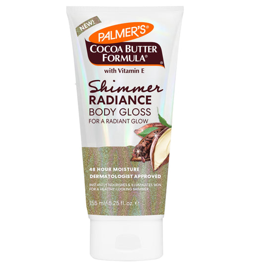 Palmer's bottle front view showing shimmer gloss for radiant hydrated skin