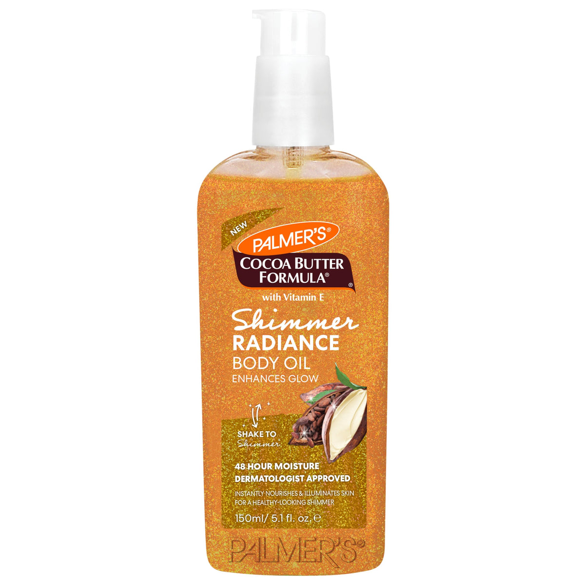 Palmer's front packaging showing shimmer oil and hydrating benefits