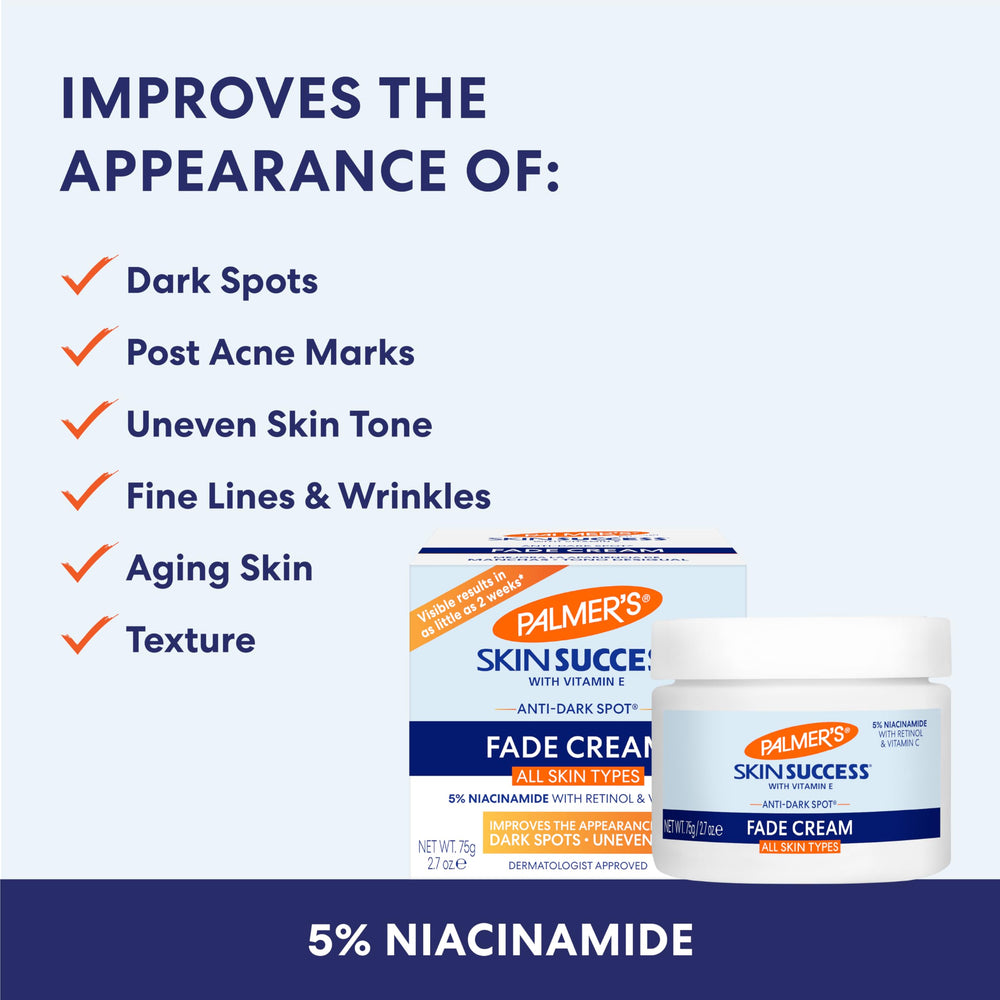 Palmer's label with ingredient highlights including 5% niacinamide and benefits