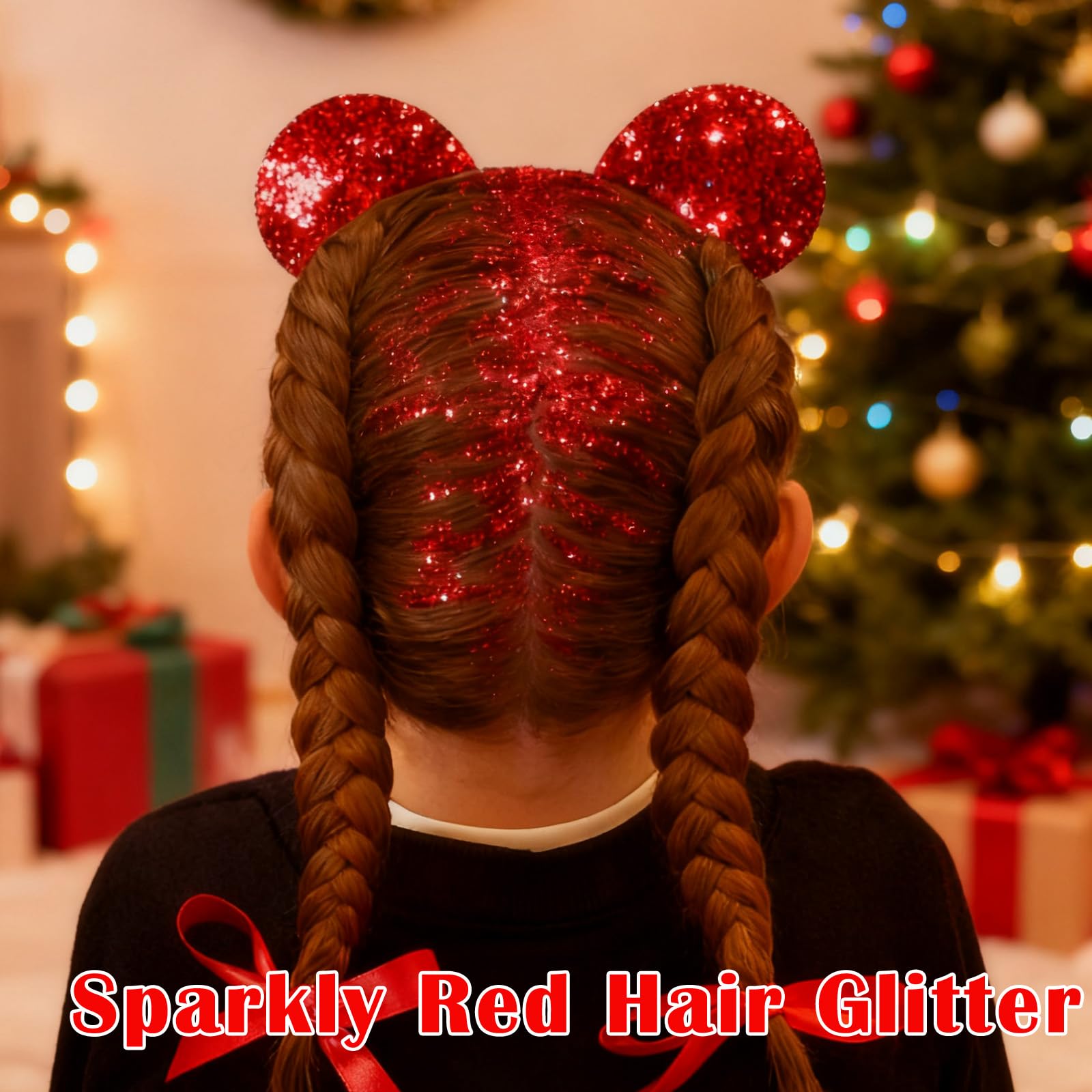 paminify applying red glitter stick to hair part for bold accent