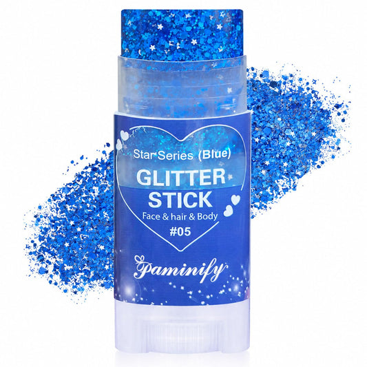 paminify front view of blue glitter stick shows bold product and quick application benefit
